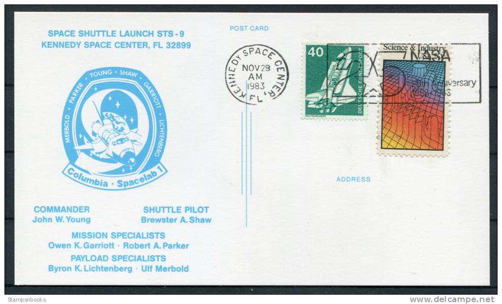 1983 USA Germany NASA Space Shuttle STS 9 Launch Postcard - United States