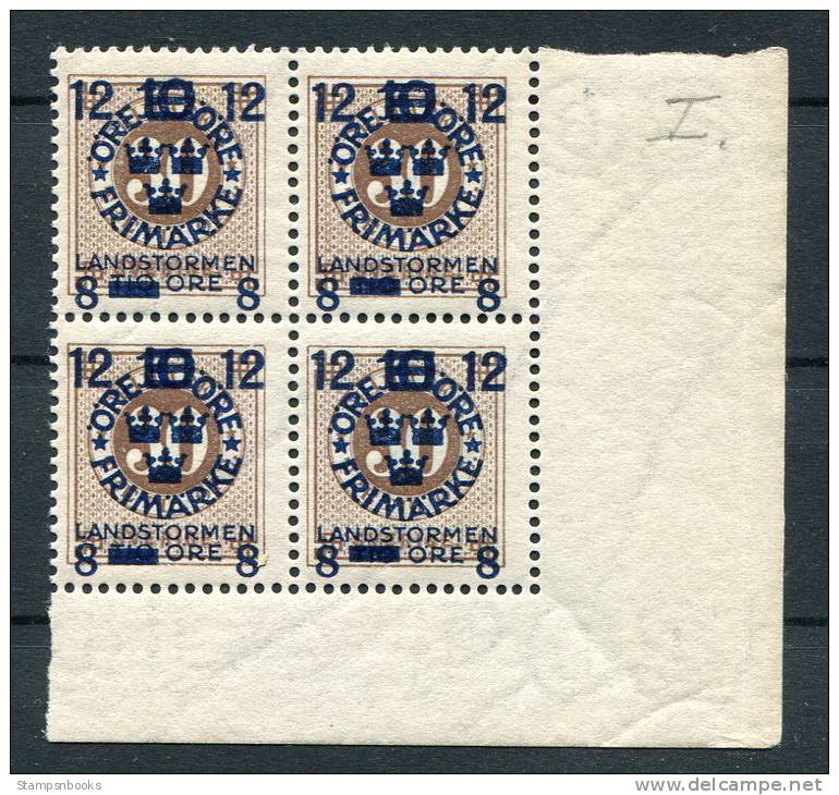 1918 Sweden Landstorm 12ore Overprint Unmounted Mint Marginal Block Of 4 - Neufs