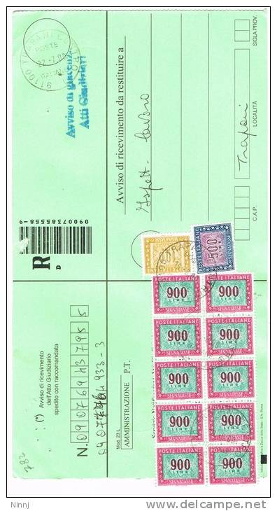 782-Italia Storia Postale- Segnatasse X £. 9.600 Su  Avviso Di Ricevimento Atti Giudiziari -Raccomandata - - Impuestos