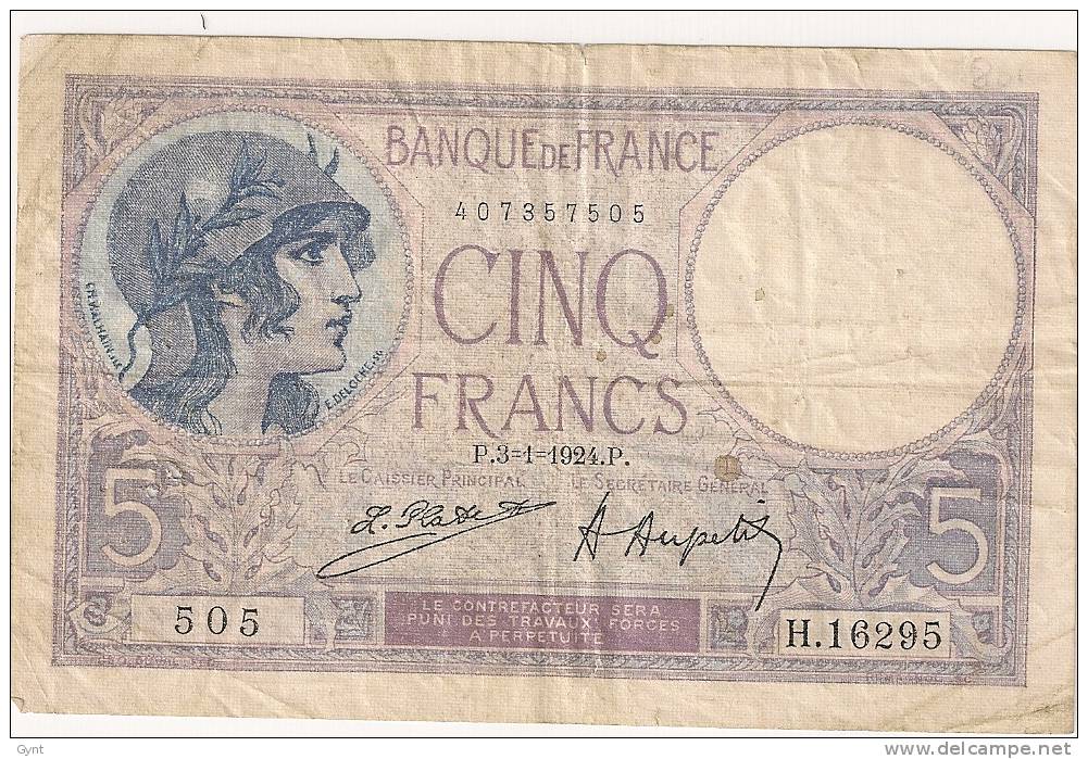 5 FRANCS VIOLET 3.1.1924 - 5 F 1917-1940 ''Violet''