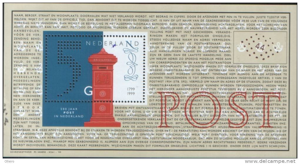 Olanda Pays-Bas Nederland 1999  Foglietto 200 Anniv Poste Olandesi  ** MNH - Neufs