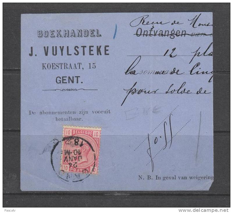 COB 38 Sur Morceau De Reçu Librairie Vuylsteke à Gand - 1883 Léopold II