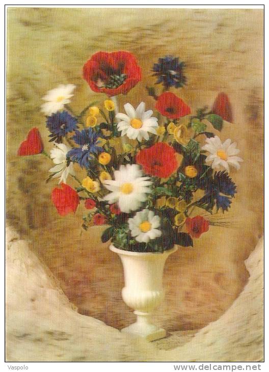 3D,STEREOSCOPE POSTCATD PROMO:- VASE WITH NICE COUNTRY FLOWERS-FIORI DI CAMPO - Stereoscope Cards