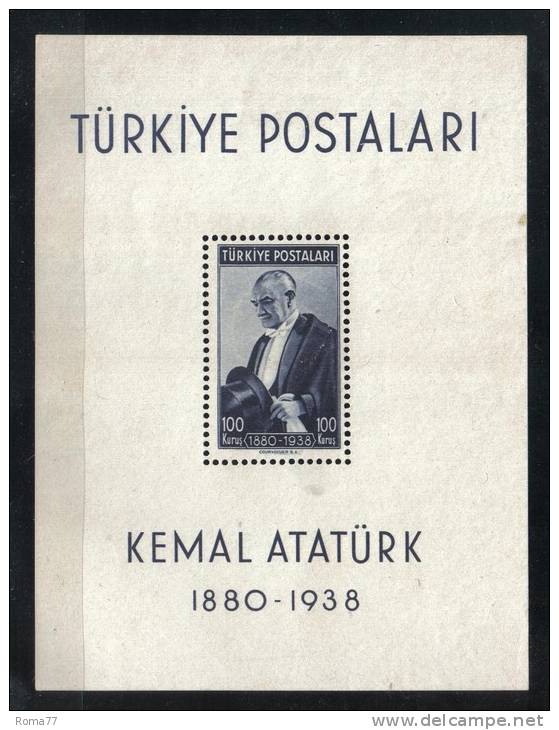2ENG92 - TURCHIA 1940, Il Foglietto Ataturk N. 1 SENZA Gomma. - Blocks & Kleinbögen