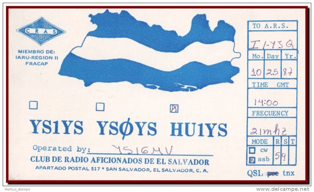 El Salvador 1987 - QSL Radio Card San Salvador To Italy / HU1YS - Radio Amateur