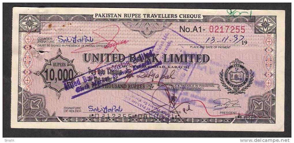 PAKISTAN RUPEE TRAVELLERS CHEQUE Rs. 10,000 United Bank Limited - Bank & Insurance