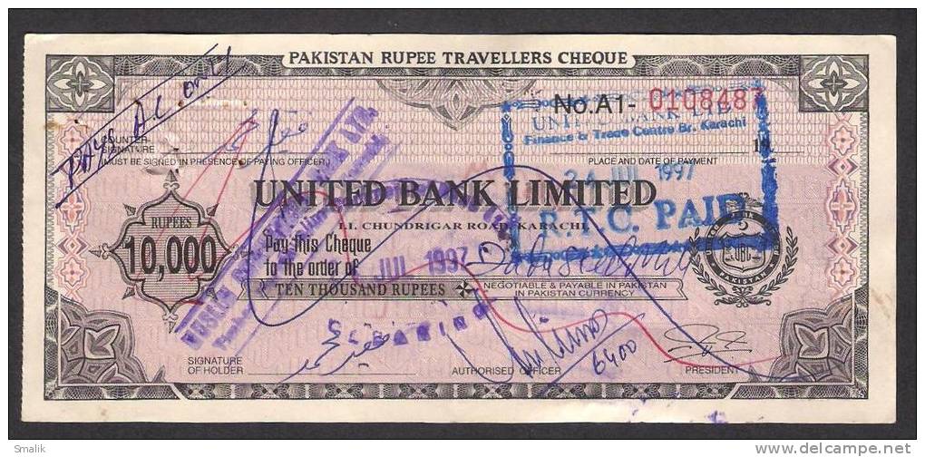 PAKISTAN RUPEE TRAVELLERS CHEQUE Rs. 10,000 United Bank Limited - Bank & Insurance