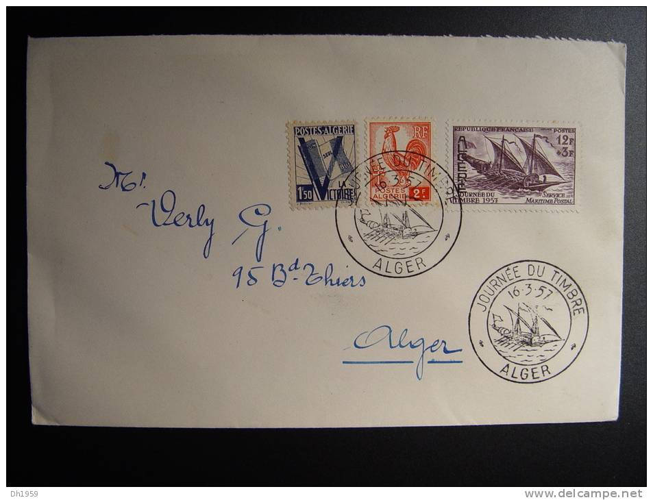 ALGERIE JOURNEE DU TIMBRE 1957 TAG DER BRIEFMARKE COQ ALGER HAHN - Covers & Documents