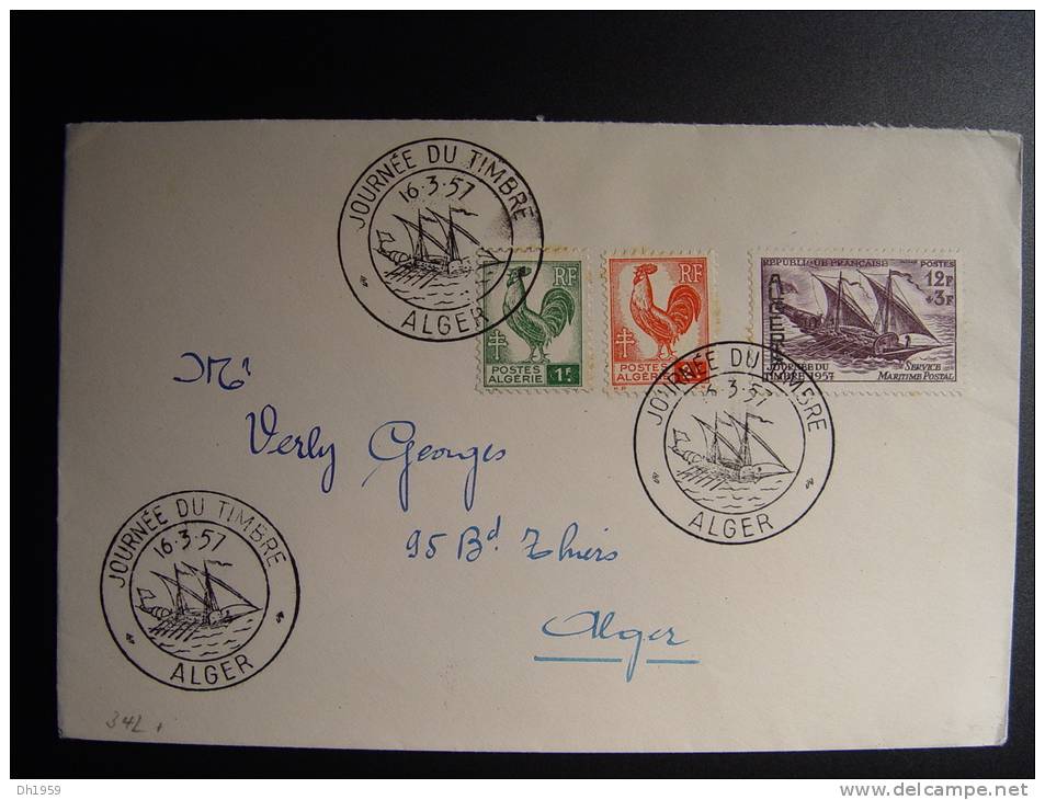 ALGERIE JOURNEE DU TIMBRE 1957 TAG DER BRIEFMARKE COQ ALGER HAHN - Storia Postale