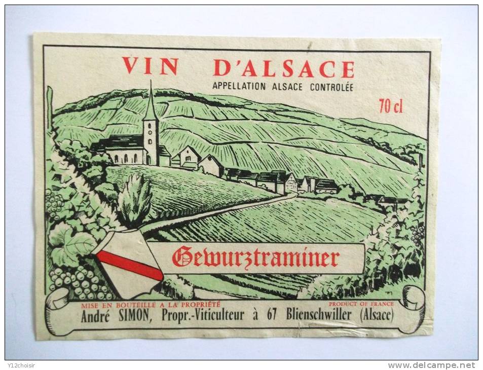 ETIQUETTE ANCIENNE VIN D ALSACE GEWURZTRAMINER VILLAGE VIGNOBLE ANDRE SIMON BLIENSCHWILLER BAS RHIN ALCOOL - Gewurztraminer