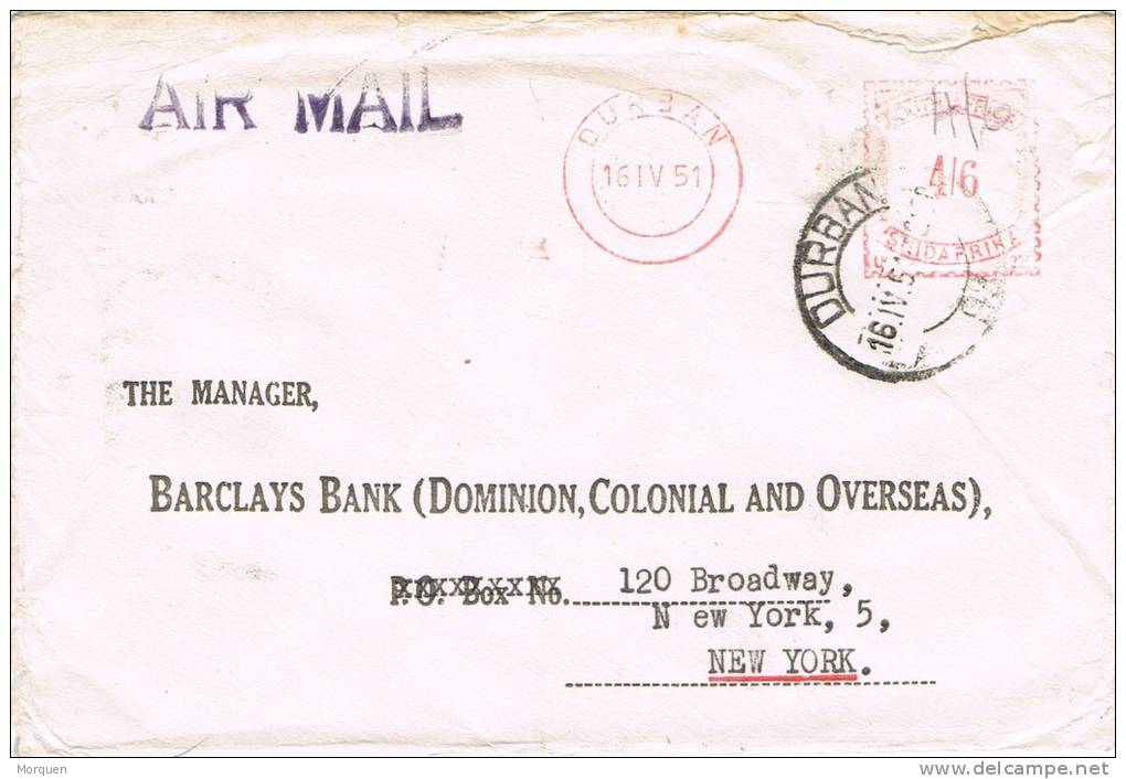 59212. Carta Aerea DURBAN (South Africa) 1951. Franqueo Mecanico - Covers & Documents