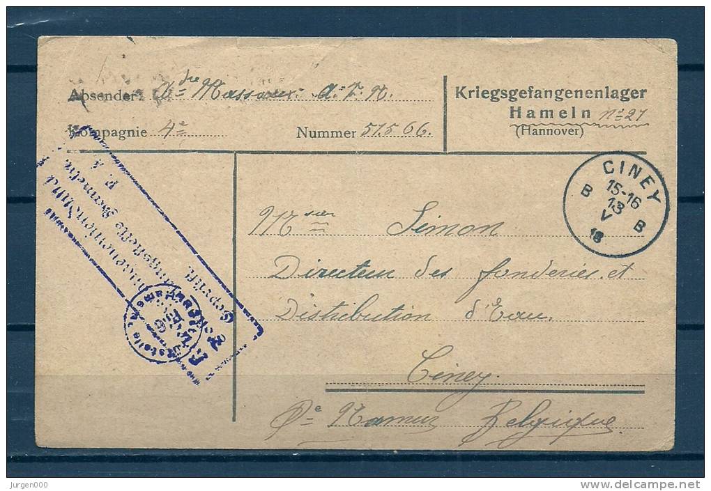 Feldpostkarte Naar Ciney -13/05/1918 - Kriegsgefangenensendung (GA5700) - Autres & Non Classés