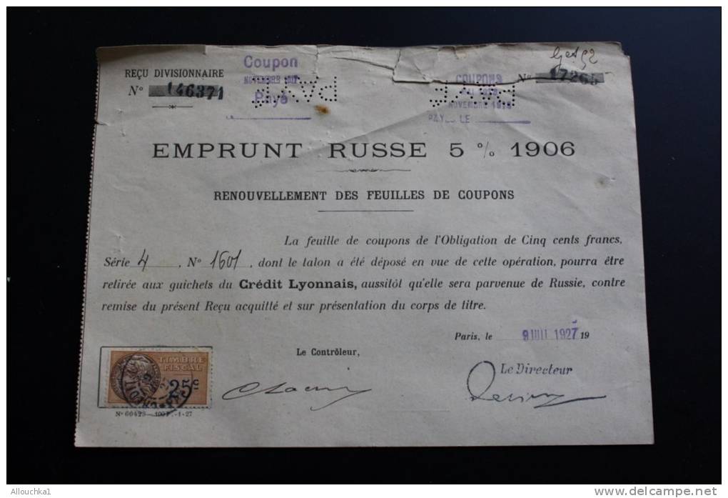 Emprunts Russe 5 % 1906:Renouvellement Feuilles De Coupons Perforé Payé Timbre Fiscal 25c Crédit Lyonnais - Russland
