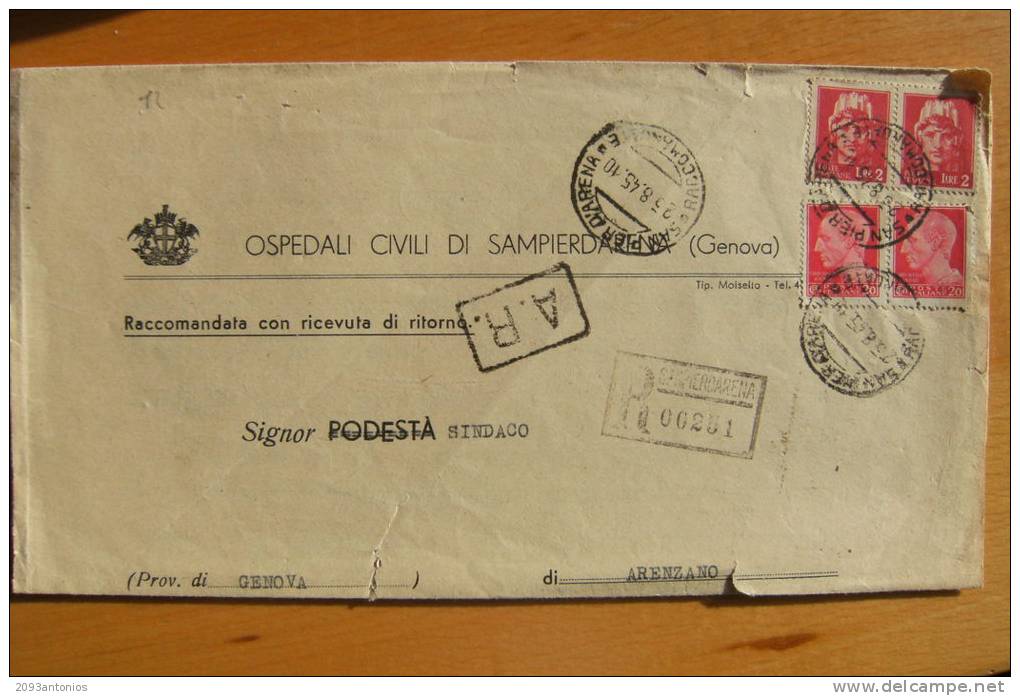 STORIA POSTALE  (97)  -LETTERA A.R. VIAGGIATA DA SAMPIERDARENA AD ARENZANO AFFRANCATURA IMPERIALE LIRE 2 X 2 CENT 20 X2 - Marcophilia