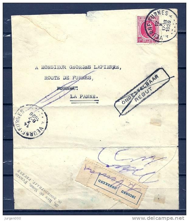 Nr 202 Op Briefstukje Van Veurne-Furnes Naar La Panne - Onbestelbaar Rebut  12/10/1926 (GA5494) - 1922-1927 Houyoux