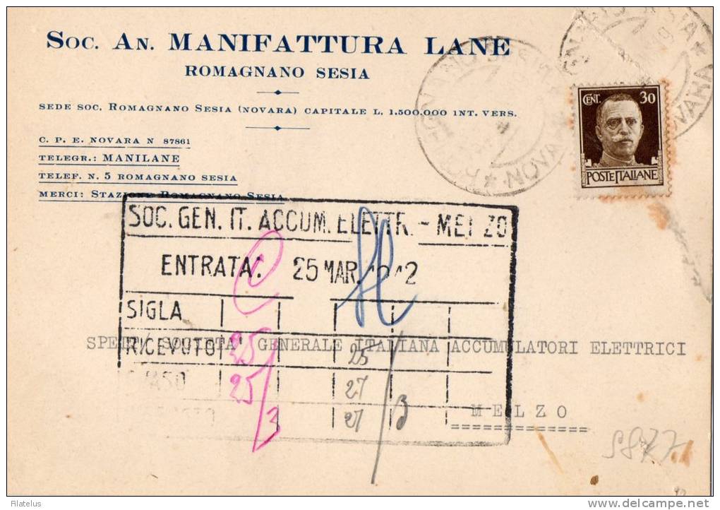 RARA-CARTOLINA POSTALE PUBBLICITARIA--SOC. N. MANIFATTURA LANE-ROMAGNANO SESIA-NOVARA-23-3-1942 - Storia Postale