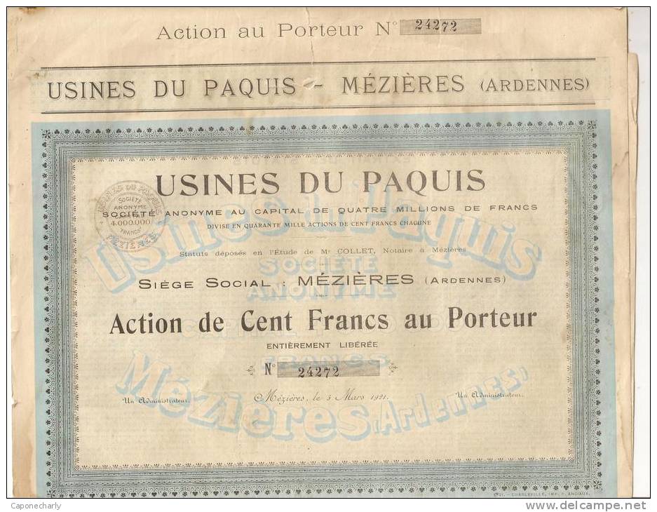 USINES DU PAQUIS MEZIERES (CHARLEVILLE) ACTION DE 100 FRANCS AU PORTEUR MARS 1921 ARDENNES 08 - Other & Unclassified