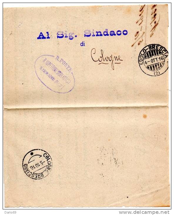 1916 LETTERA CON ANNULLO EDOLO - BRESCIA  + COLOGNE - Franchise
