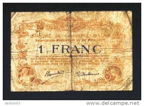 ALAIS ALES GARD 30 BON-BILLET-MONNAIE CHAMBRE DE COMMERCE - 1 FRANC N° 41068 SÉRIE GG. VENDU EN L'ETAT 2 SCANS  Serbon63 - Cámara De Comercio