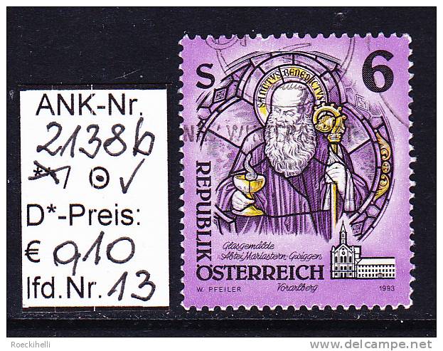 17.9.1993  - FM-Erg.Wert  "Stifte u. Klöster in Ö - Glasgemälde" -  o  gestempelt  -  siehe Scan  (2138bo 01-21)