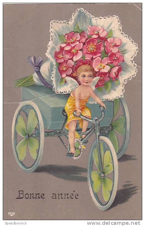 21166 Enfant Tricycle, Trefle, Bouquet. Bonne Année -en Relief  EAS- 1907 - Nouvel An