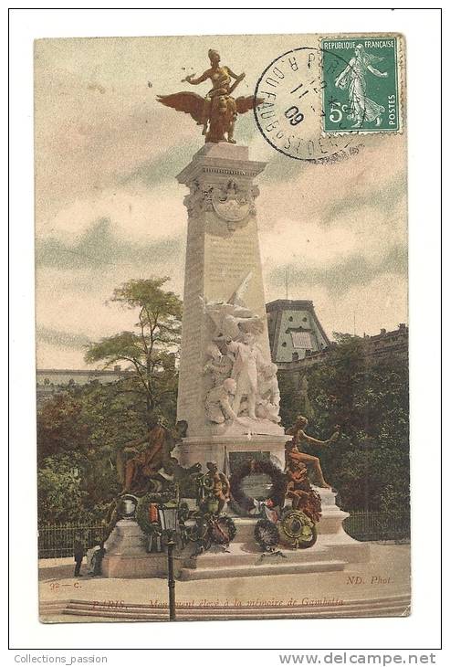 Cp, 75, Paris, Monument élevé à La Mémoire De Gambetta, Voyagée 1909 - Andere & Zonder Classificatie