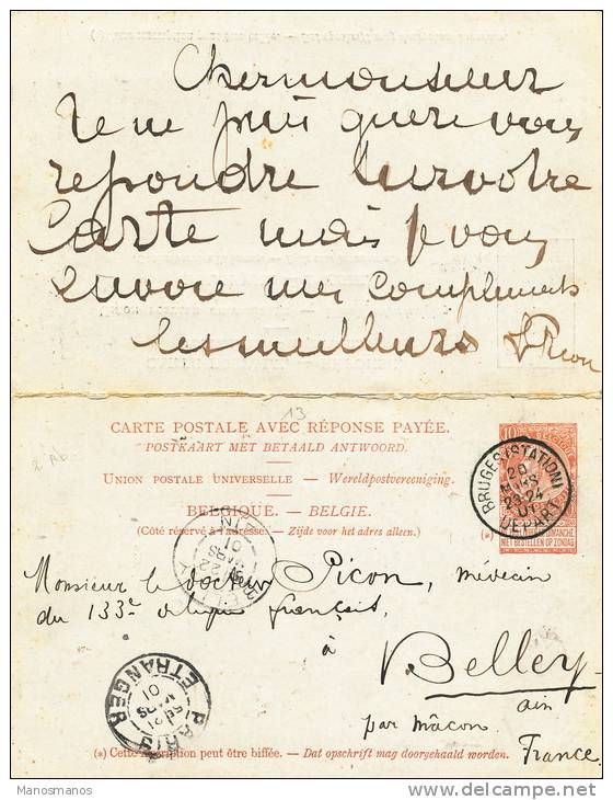 124/20 -  Entier Fine Barbe Double Avec Réponse BRUGES 1901 Vers La France Et Retour BELLEY Vers BRUGES - Cartes Postales 1871-1909