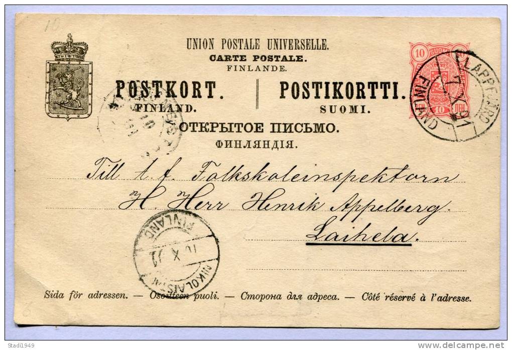 Ganzsache Finnland Post Card Postkort Postikortti LAPPFJÄRD Nach LAIHELA 1891 (257) - Cartas & Documentos