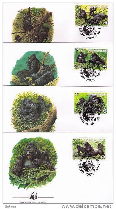 WWF 1985 Ruanda/Rwanda Berggorilla/Mountain Gorilla Set Of 4 FDC - FDC