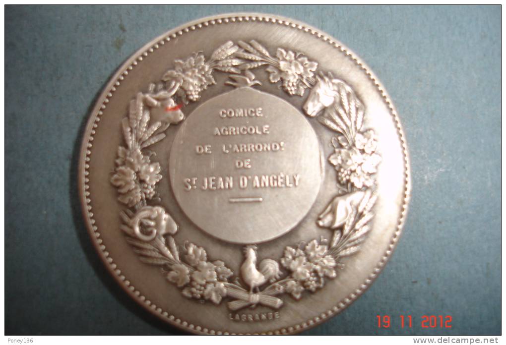 Médaille Comice Agricole ,St Jean D'Angely1985,Argent Diamètre:3,7 Cms  Poids 23,2grs  Signée Baüer -Lagrange . - Professionnels / De Société