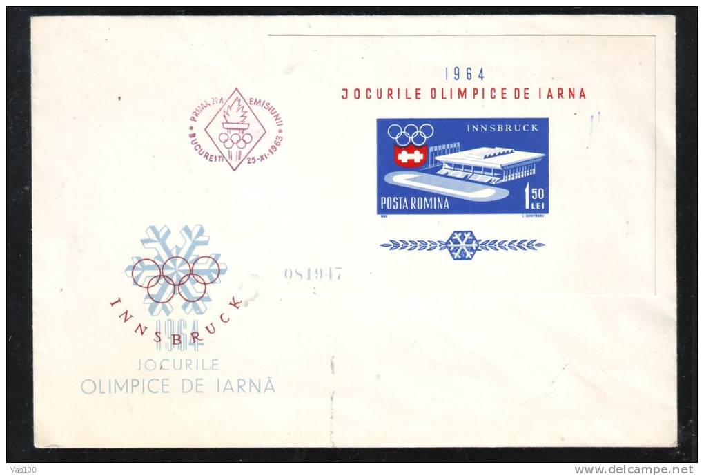 JEUX OLYMPIQUE D`HIVER 1964 INNSBRUCK,COVER FDC IMPERFORATED BLOCK ROMANIA. - Winter 1964: Innsbruck