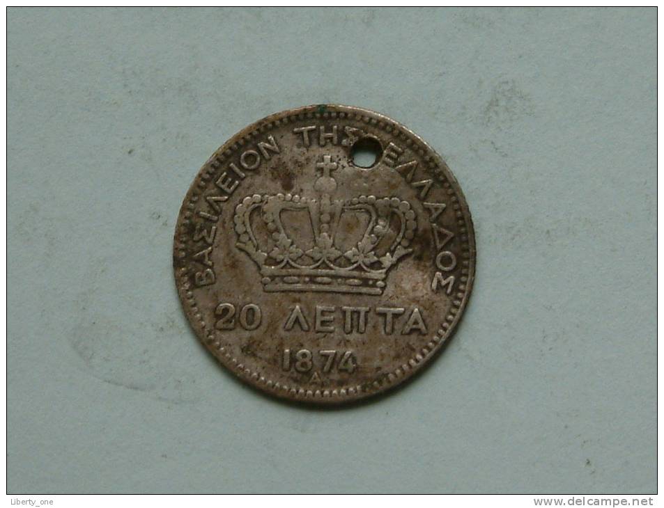 1874 A ( Holed ) - 20 LEPTA / KM 44 ( Uncleaned Coin / For Grade, Please See Photo ) !! - Griekenland