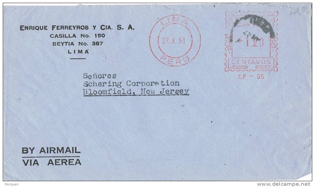 0587. Carta Aerea LIMA (Peru) 1951. Franqueo Mecanico - Peru