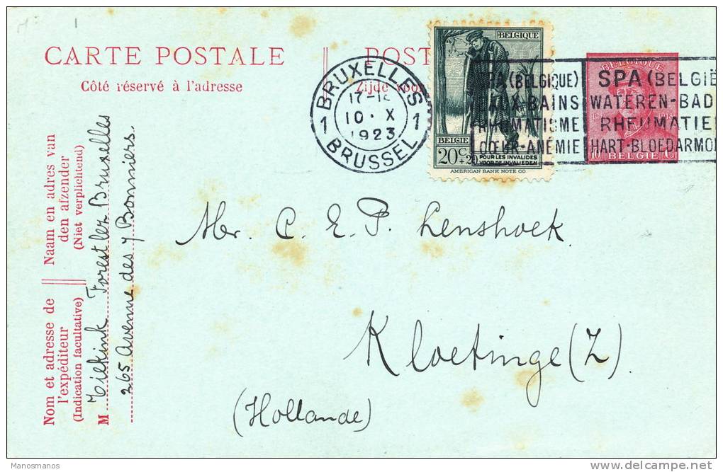 128/20 - Entier Casqué + TP Invalides De Guerre BRUXELLES 1923 Vers KLOETINGE NL - Postcards 1909-1934