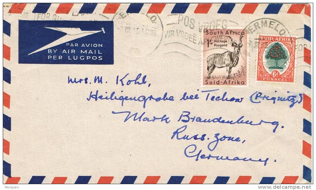 0613. Carta Aerea ERMELO Transvaal (South Africa) 1955 - Storia Postale