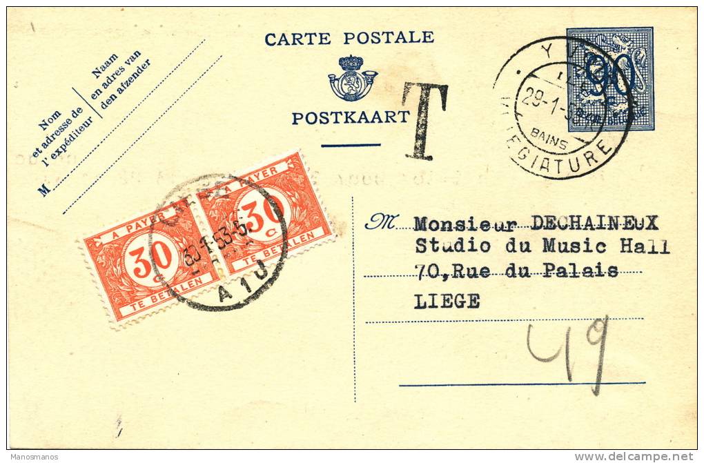 132/20 - Entier Lion Héraldique YVOIR 1953 Vers LIEGE - Taxé Paire Timbres-Taxe 30 C - Cartes Postales 1951-..