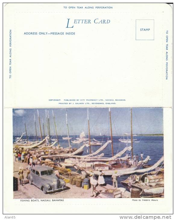 Nassau Bahamas, Fishing Boats At Docks, Auto, C1940s Vintage Letter Card Postcard - Bahamas