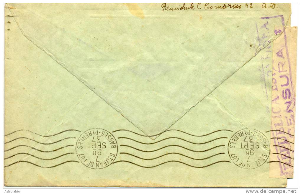 Carta De Barcelona A Francia 1937 Censura. Llegada Ver 2 Scan - Marcas De Censura Republicana