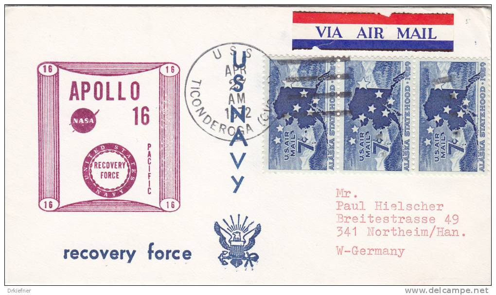 Marine Schiffspost  US Navy Recovery Force, USS "Ticonderoga CVS ?1" 27.APR 1972, APOLLO 16 - Maritime