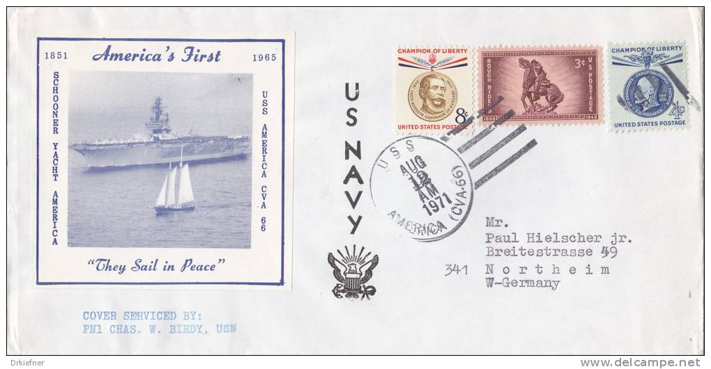Marine Schiffspost Der US Navy, USS "America" CVA 66, Stempel Auf US Stamps: USS America 12.AUG 1971, Mit Yacht America - Maritiem