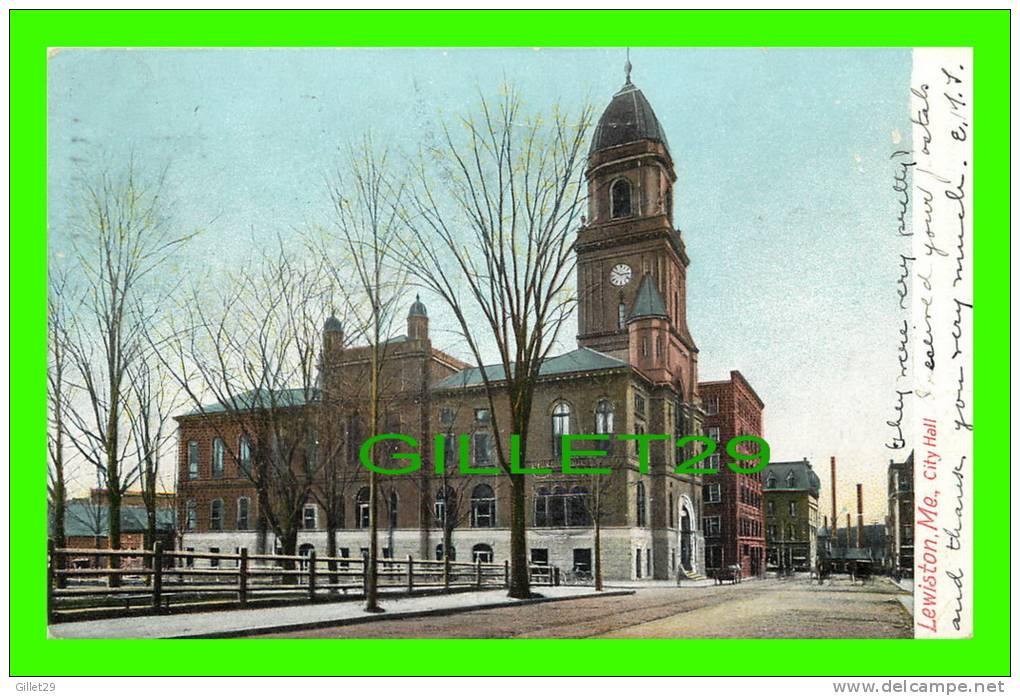 LEWISTON, MAINE - CITY HALL - THE HUGH C. LEIGHTON CO - UNDIVIDED BACK  - TRAVEL IN 1905 - - Lewiston