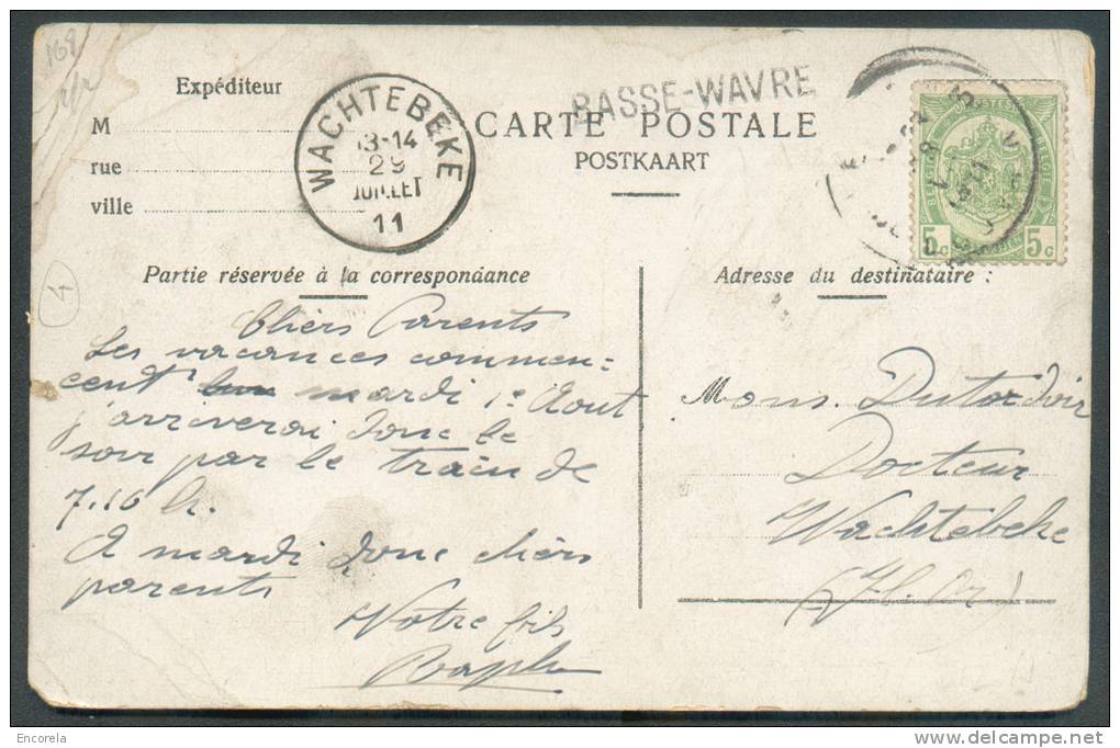 5 Centimes Obl. Sc Anvers 5 S/C.P. Ill. Du 28-VII-1911 + Griffe BASSE-WAVRE Vers Wachtebeke - 8313 - Lineari