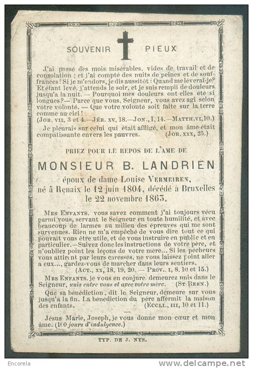 IMAGE PIEUSE / HEILIG PRENTJE * 22 Novembre 1863 B. LANDRIEN Bruxelles - Colombe Et Paix -.  - 8317 - Images Religieuses