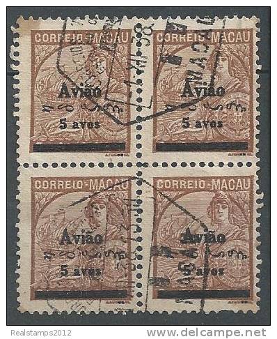 MACAU - 1936,  CORREIO AÉREO - Padrões, Com Sobrecarga, 5 A. S/ 6 A. (Bloco De 4 Selos)  (o)  MUNDIFIL Nº 3 - Airmail