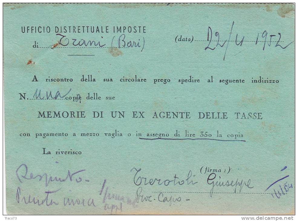 TRANI / MAZARA DEL VALLO 22.4.1952 - Card_ Cartolina Pubbl. " Avv.  L. BONANNO "  Italia Al Lavoro Lire 5 (forato) - 1946-60: Marcophilie