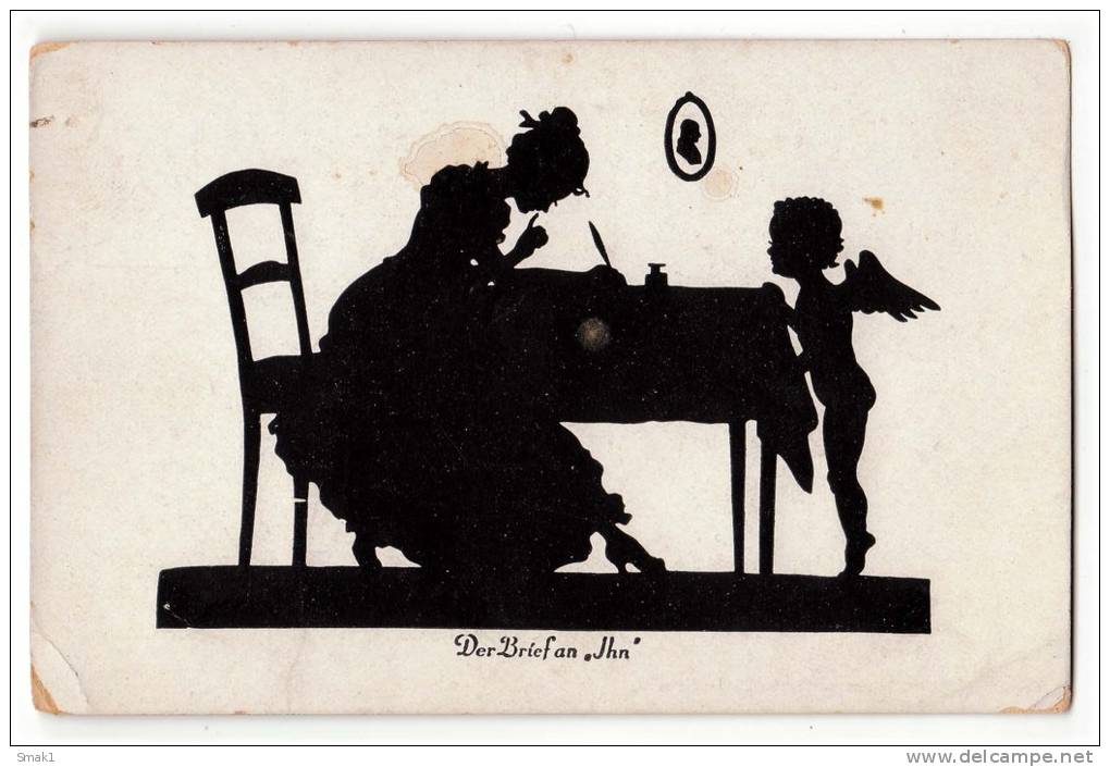 SILHOUETTE "THE LETTER TO HIM" AN ANGEL JAMMED CORNER OLD POSTCARD - Silhouettes