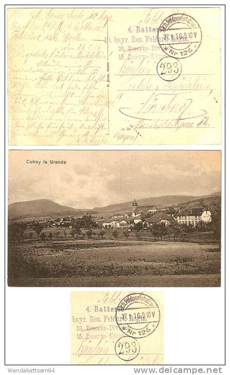 AK 50 Colroy La Grande 27. 1. 16. 9-10 V KD.Feldpoststation * 126 * 293 Rundstempel 4. Batterie 10. Bayr. Res. Feldart. - Colroy La Grande