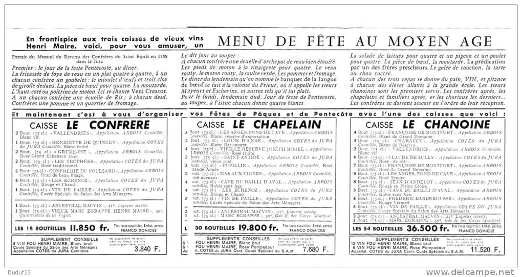 VINS HENRI MAIRE - ARBOIS - JURA - DEPLIANT MENU DE FETES AU MOYEN AGE -TARIF -  VIN FOU - VIN DE PAILLE - Alcohols