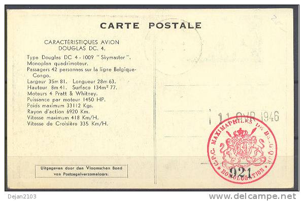 Belgium Airplane Maxi Card 1946 USED - 1934-1951