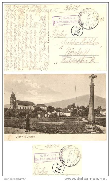 AK 81 Colroy La Grande -2.10. 16. 9-10 V KD.Feldpoststation * 126 * Rundstempel 293 4. Batterie Bayr.Res. Feldart.-Regt - Colroy La Grande